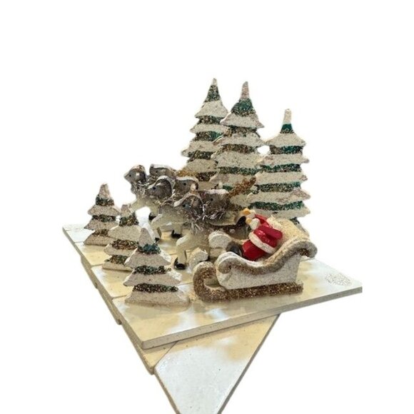 Vintage Christmas Glittered Santa Sleigh & Reindeer Centerpiece With Trees - Picture 1 of 8